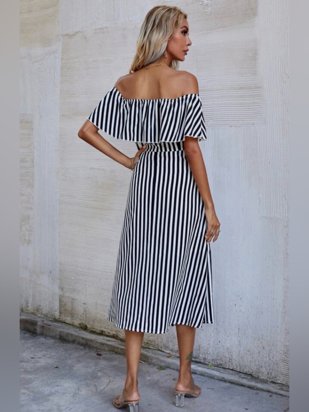 Striped Off The Shoulder Ruffle Midi Dress | Black & White | Size Small